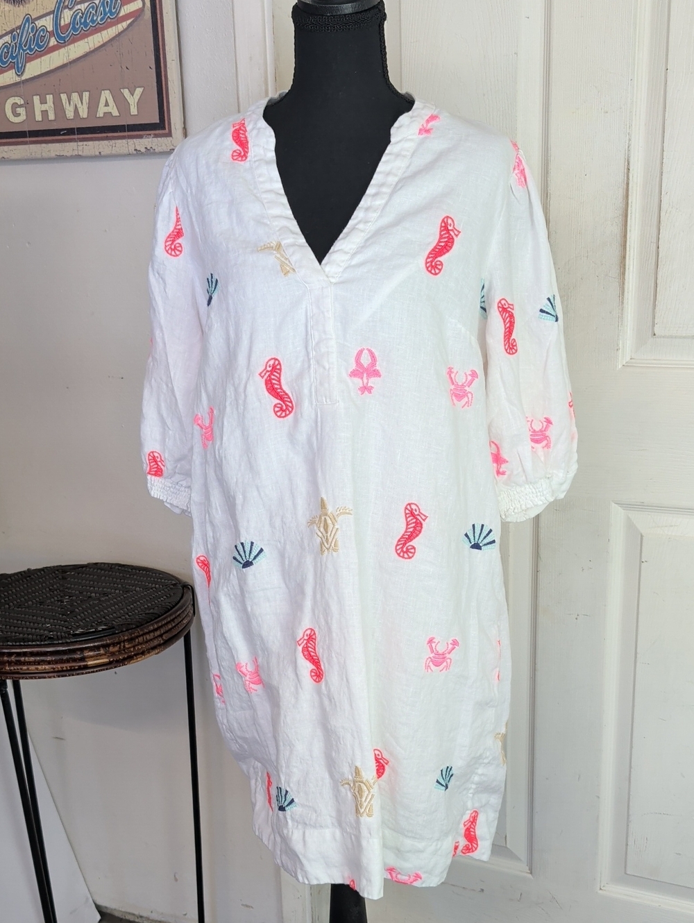 Lilly Pulitzer Mialeigh Sea Lagoon Linen  V-Neck Puff Sleeve Shift Dress Size 12